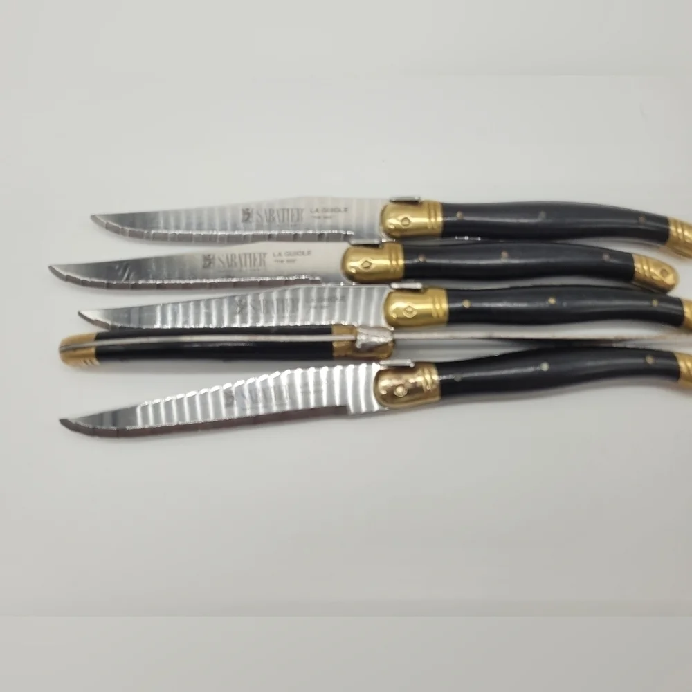 La Guiole Sabatier The Bee Black GOLD Serrated Steak Knives Set Of 5 - Vintage‌